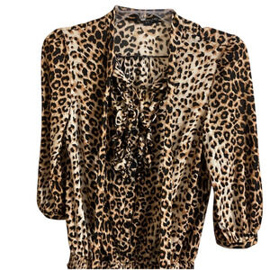 Twenty One Leopard Print Top Ruffle Size S Accent Tie Neck Elastic Waist Spring